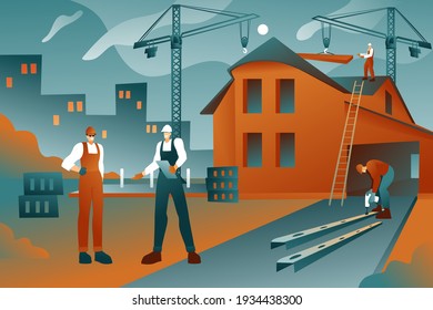 Group of men builders at the construction site of a residential building, modern flat design. Professional cartoon contractors and engineers. Construction industry concept. 