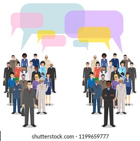 Group of men businessmen standing together and speech bubbles on white background in flat style. Business team and teamwork. Different nationalities and dress styles. Concept of the opinion poll.