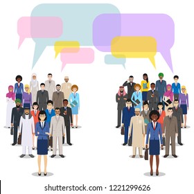 Group of men businessmen standing together and speech bubbles on white background in flat style. Business team and teamwork. Different nationalities and dress styles. Concept of the opinion poll.