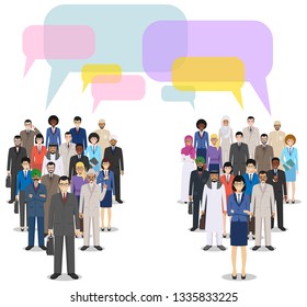 Group of men businessmen standing together and speech bubbles on white background in flat style. Business team and teamwork. Different nationalities and dress styles. Concept of the opinion poll.