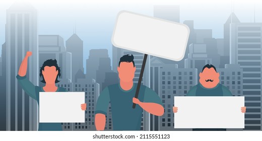 Eine Gruppe von Männern protestierte mit Bannern in ihren Händen. Das Konzept der Streiks der Bürger. Prosky-Stil, Vektorgrafik.