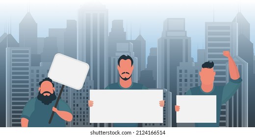 Un grupo de hombres salió a protestar con pancartas. El concepto de huelgas de los ciudadanos. Ilustración vectorial.