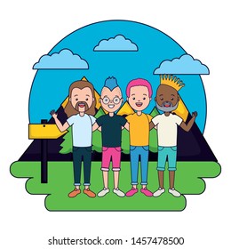 group men camping mountains forest vector illustration