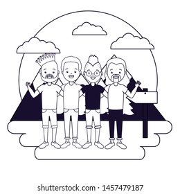 group men camping mountains forest vector illustration