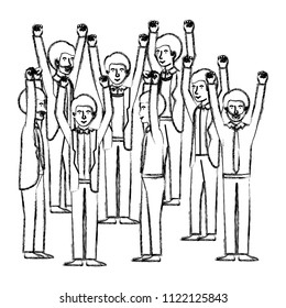 group of men celebrating with hands up