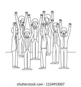 group of men celebrating with hands up