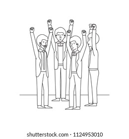 group of men celebrating with hands up