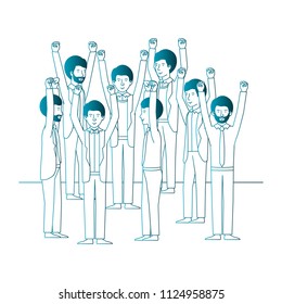 group of men celebrating with hands up