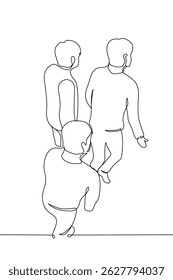 Grupo de hombres subiendo o vista superior en isométrico - Vector de arte de una línea Concepto Amigos masculinos caminando juntos, caminata conjunta, redirigiendo el interés de la audiencia masculina. Vector hecho a mano no AI