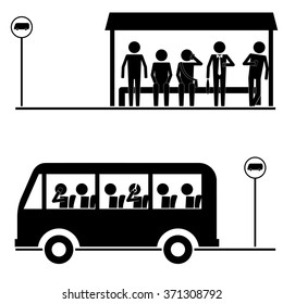 group of men & crowd waiting for bus icon vector sign symbol pictogram