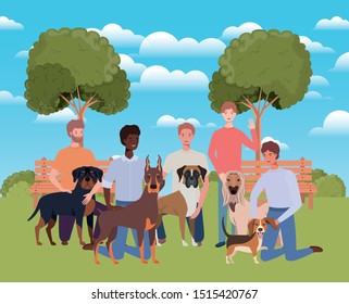 group of men with cute dogs mascots in the camp