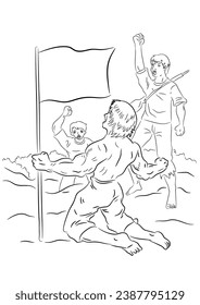 A group of men defending the national flag. Black and white vector cartoon illustration for a coloring book page