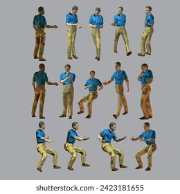 A group of men in different poses, colored in the style of flat shadows