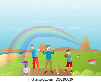 A group of men with a dog an a cat. Made as a clip art cartoon.
