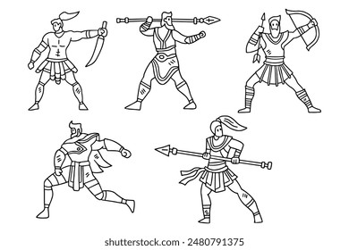A group of men dressed in ancient Roman garb are depicted in a series of drawings. They are all holding weapons, including swords and spears, and are standing in various poses