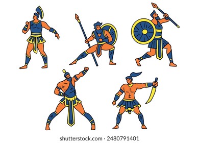 A group of men dressed in ancient Roman garb are depicted in a series of drawings. They are all holding weapons, including swords and spears, and are standing in various poses