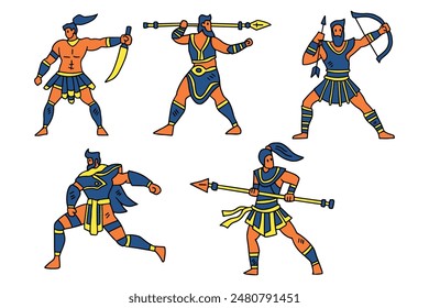A group of men dressed in ancient Roman garb are depicted in a series of drawings. They are all holding weapons, including swords and spears, and are standing in various poses