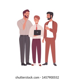 Group of men dressed in business clothes or office workers talking, working on laptop and drinking coffee. Professional conversation among colleagues, brainstorm. Flat cartoon vector illustration.