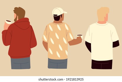 grupo de hombres tomando café en tazas, ilustración vectorial de visión trasera