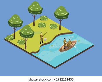 Group of men fishing isometric 3d vector concept for banner, website, illustration, landing page, flyer, etc.