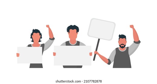 A group of men are holding an empty banner in their hands. With space for your text. Rally or protest concept. Vector illustration.