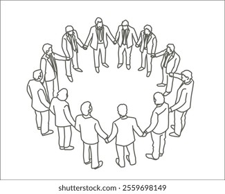 Group of men are holding hands in a circle. Concept of unity and togetherness. Hand drawn vector illustration. Black and white.