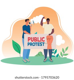 group men holding protests placards, group masculine holding banners vector illustration design