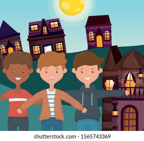 group of men hugging in front of the outdoor cottage vector illustration