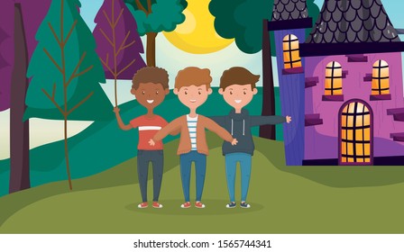 group of men hugging in front of the outdoor cottage vector illustration