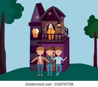 group of men hugging in front of the outdoor cottage vector illustration