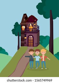 group of men hugging in front of the outdoor cottage vector illustration