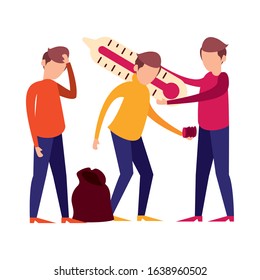 group of men lifting thermometer and garbage plastic bag vector illustration design
