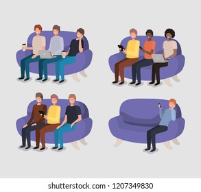 group of men in living room using technology