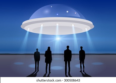 Group of men looking at UFO in the dark night sky