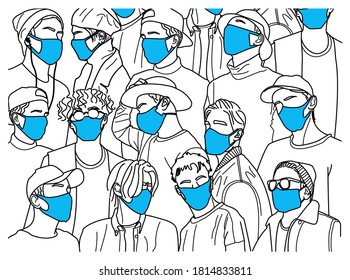 Group of men in medical masks. Line contour drawing on a white background. Covid Prevention Concept - 19.