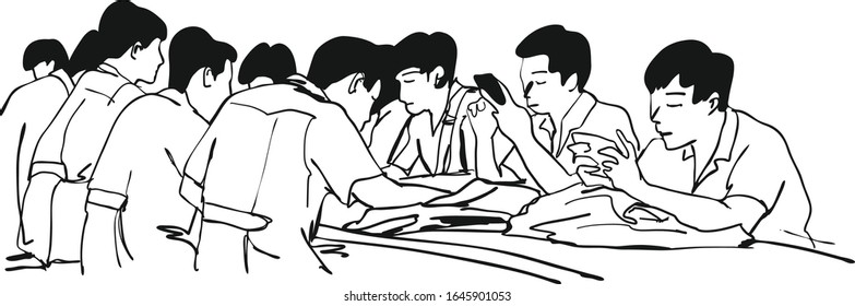 A group of men are meeting and two are using the cell phone.