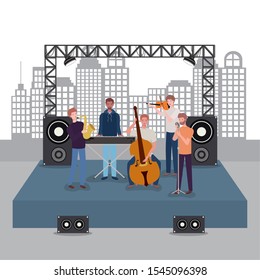 group of men music band playing instruments vector illustration design