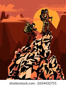Eine Gruppe von Männern auf dem Gipfel des Berges blickt auf die schöne Landschaft der Berge. Kletterberge. Das Konzept des Bergtourismus und des Reisens. Vektorgrafik.
