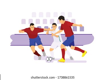 Group of men play football soccer player in the soccer field. Vector flat illustration 