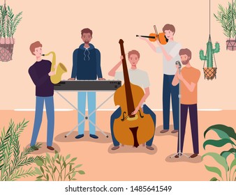 group of men playing instruments in the garden