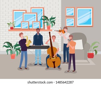 group of men playing instruments in the room