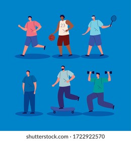 group men practicing exercise avatar characters vector illustration design