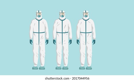 Grupo de hombres con traje protector del PPE. Ilustración vectorial del concepto de equipo de protección personal.