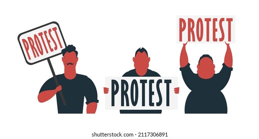 Group of Men with protest banner isolated on white background. Cartoon style. Vector illustration.