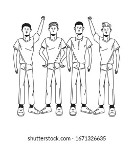 group of men protesting avatars characters vector illustration design