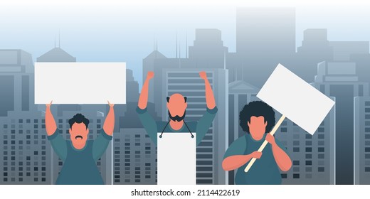 A group of men are protesting with banners in their hands. The concept of citizens' strikes. Vector illustration.