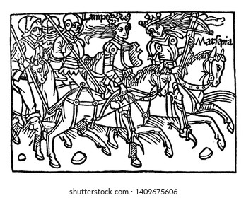 Group of men riding on horses, vintage line drawing or engraving illustration