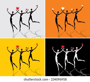 The group of men running silhouettes with red hearts. Variation.