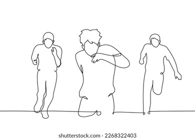 group of men running towards the viewer - one line drawing vector. concept marathon, competition