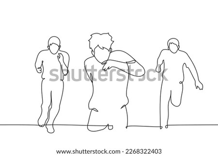 group of men running towards the viewer - one line drawing vector. concept marathon, competition